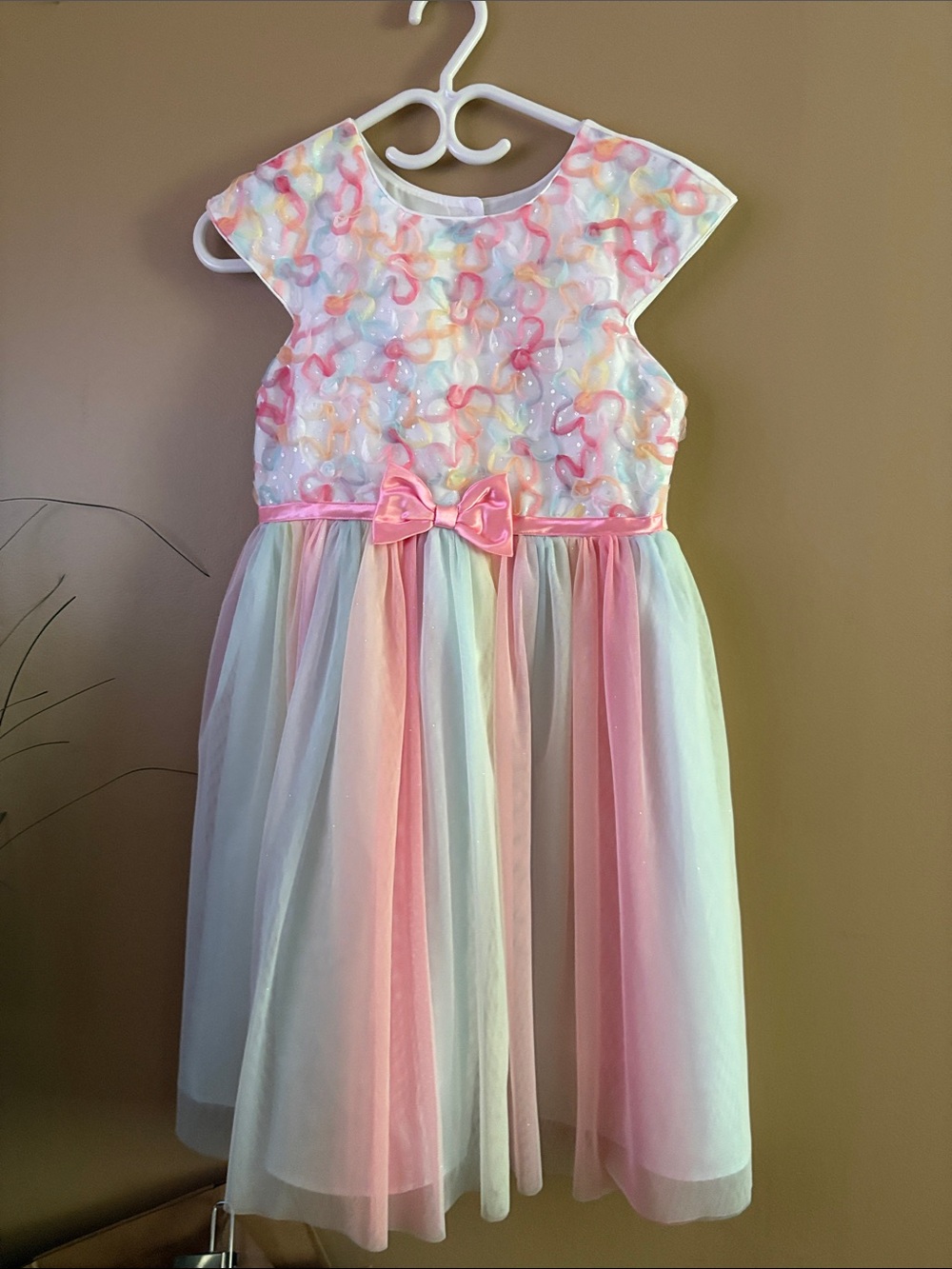 Jona Michelle Pastel Rainbow Tulle Dress with Pink Bow